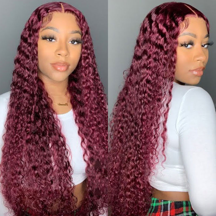 Stema #99j Burgundy 13x4 Transparent Lace Front Wig Water Wave